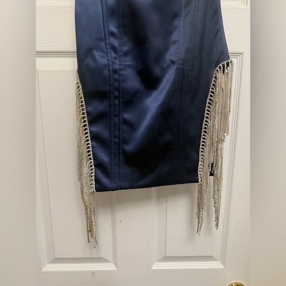 OH POLLY. Euphoria Embellished Bustier Satin Mini Dress Navy Blue Size 2 - Picture 5 of 9